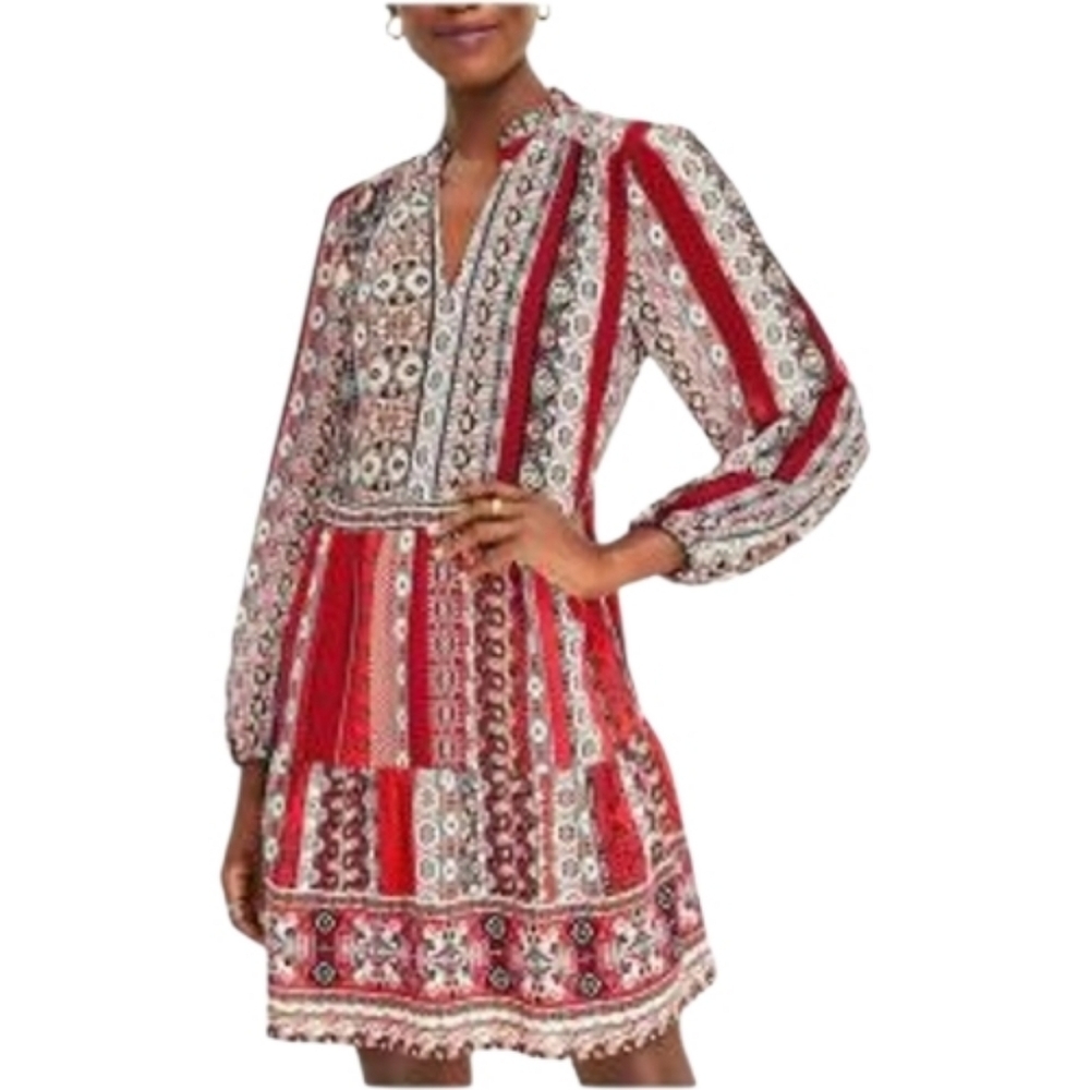 LOFT Red and White Patterned Long Sleeve Dress